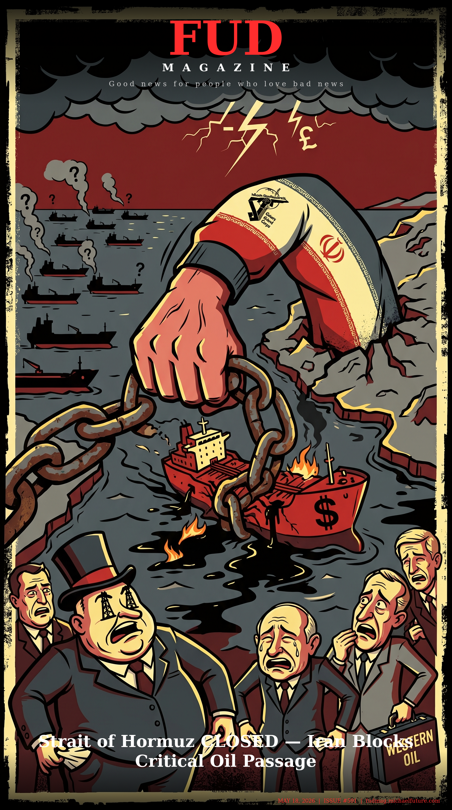 FUD Magazine Cover - Strait of Hormuz CLOSED — Iran Blocks Critical Oil Passage