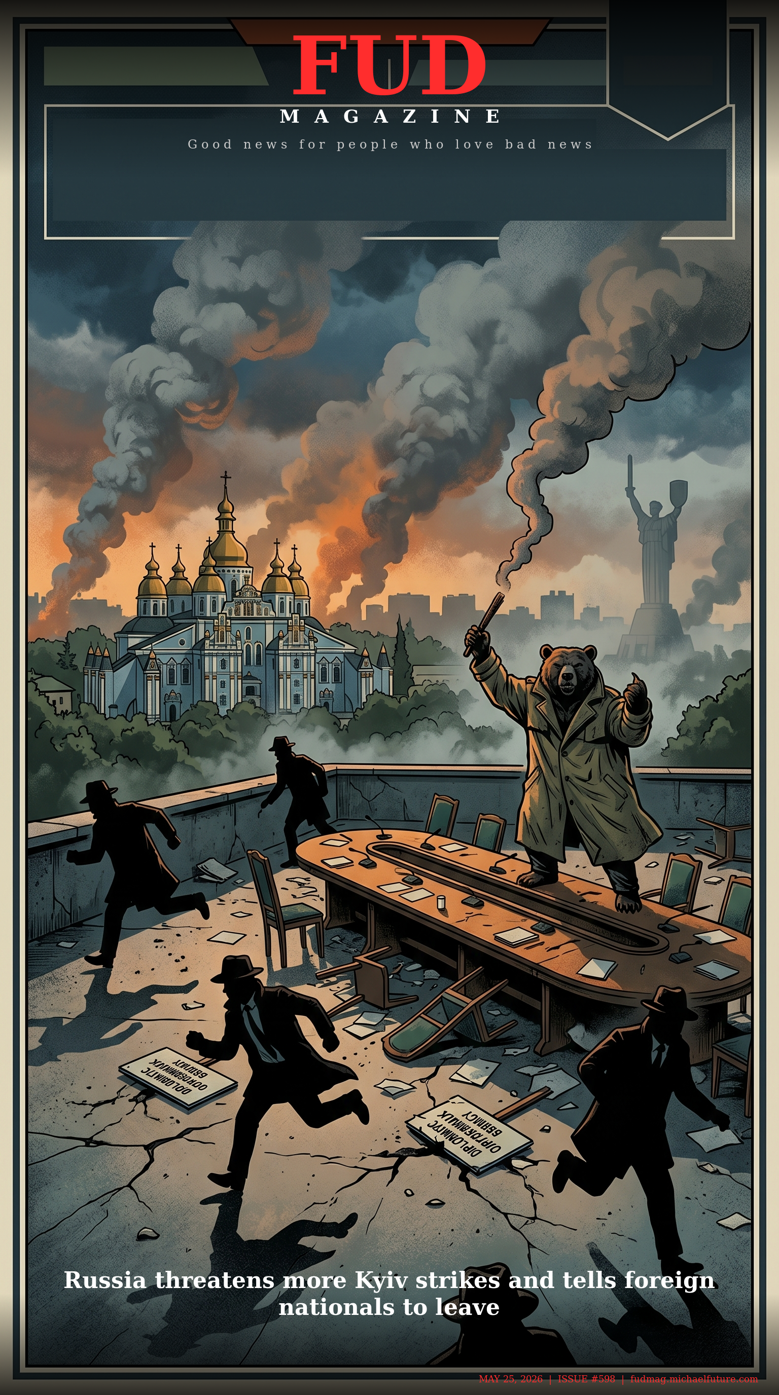FUD Magazine Cover - Russia threatens more Kyiv strikes and tells foreign nationals to leave