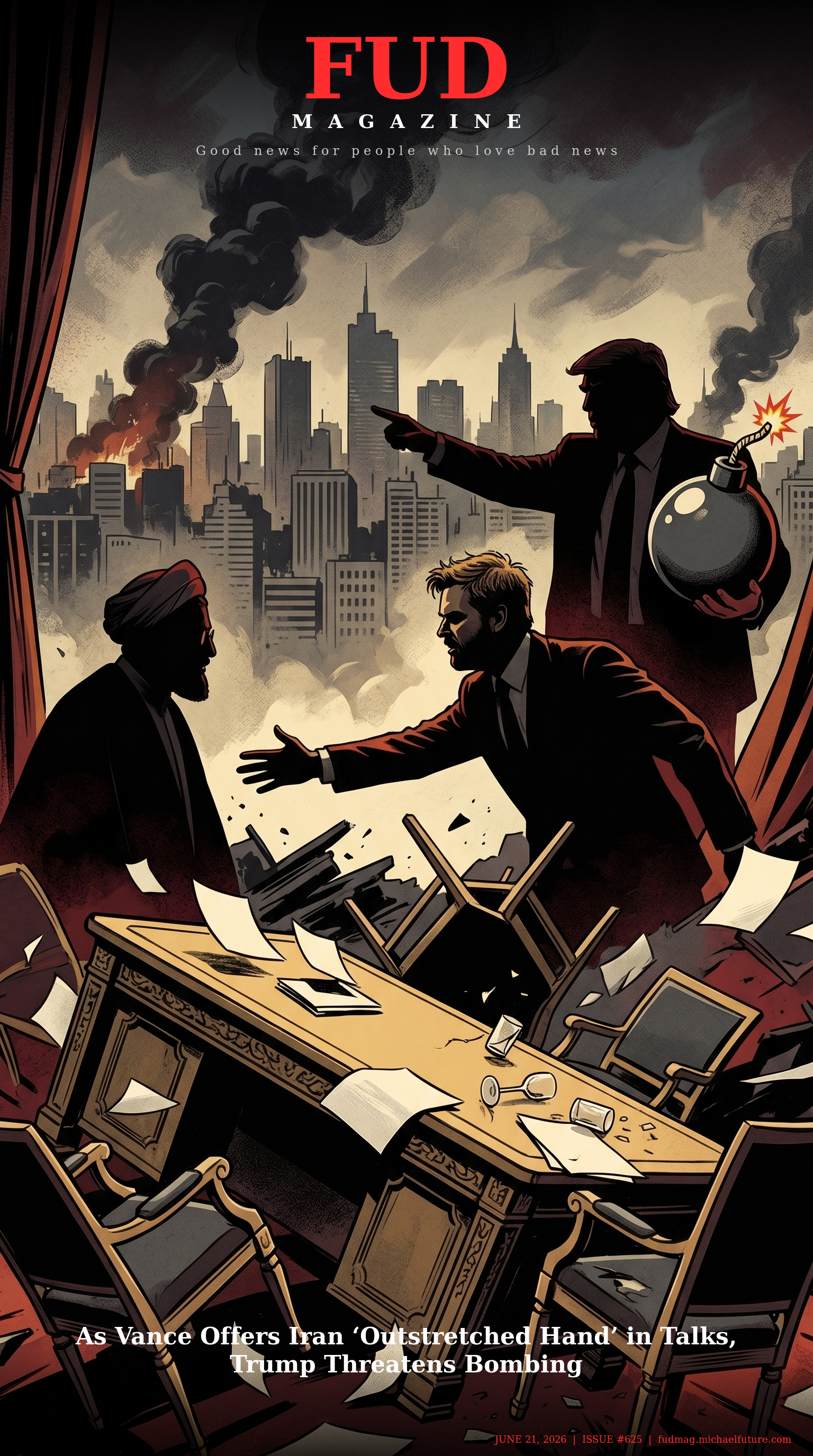 FUD Magazine Cover - As Vance Offers Iran ‘Outstretched Hand’ in Talks, Trump Threatens Bombing
