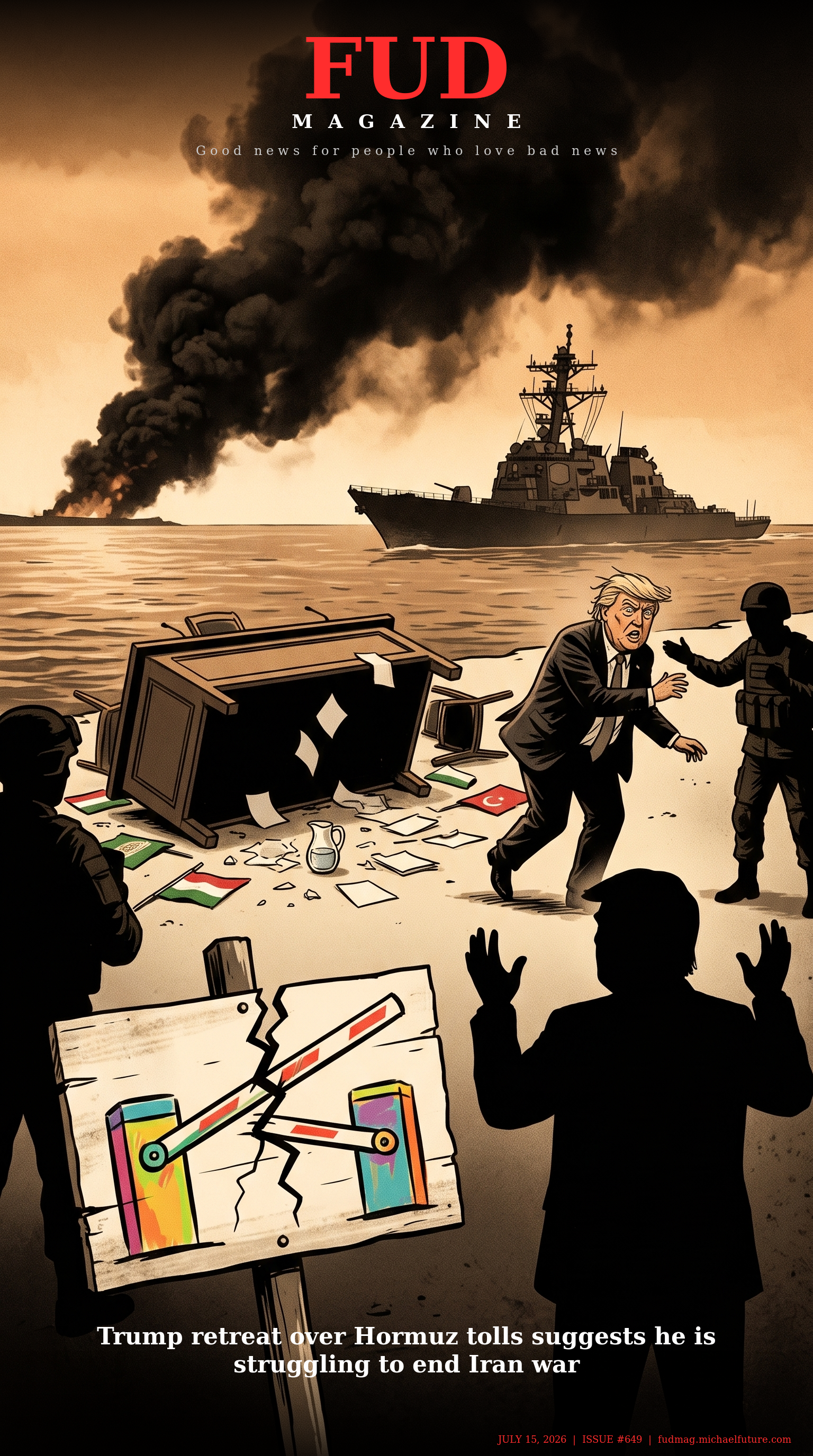 FUD Magazine Cover - Trump retreat over Hormuz tolls suggests he is struggling to end Iran war